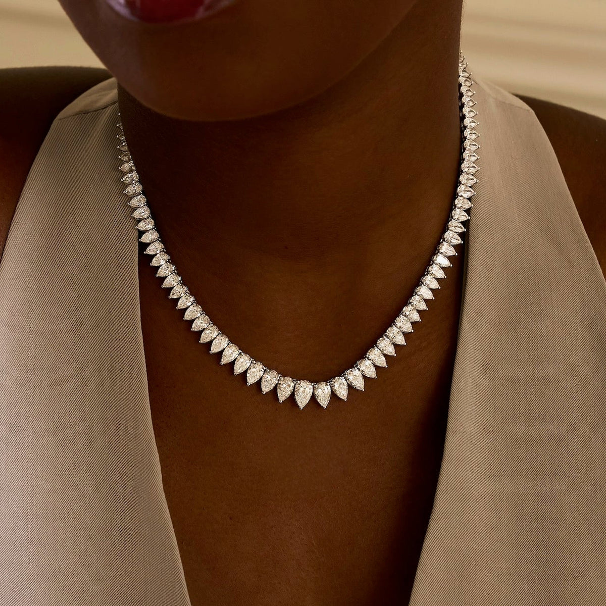 The Greer Graduated Pear Edge Tennis Necklace 31.83 ctw