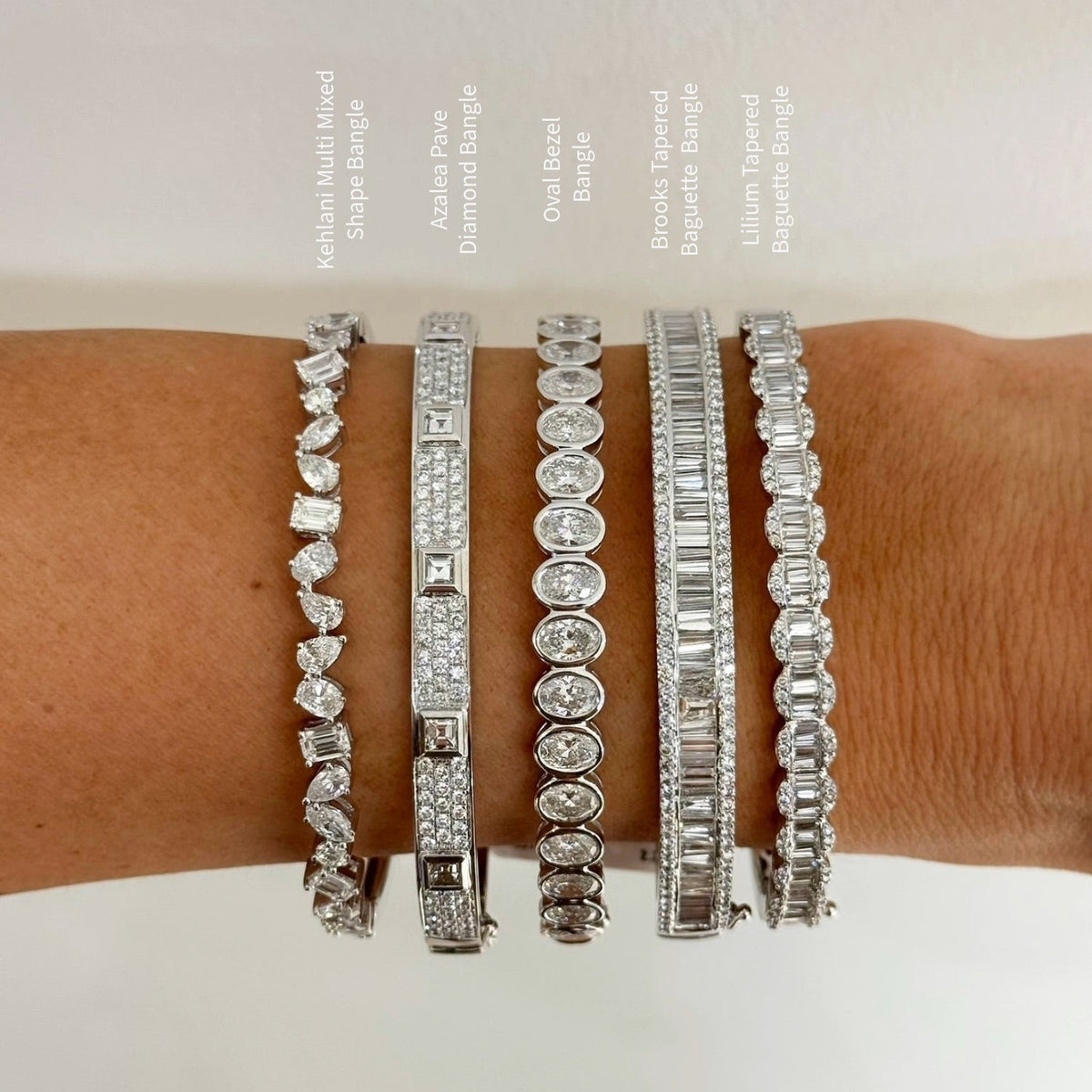 white gold bangle stack, azalea, kehlani, oval, brooks, lilium