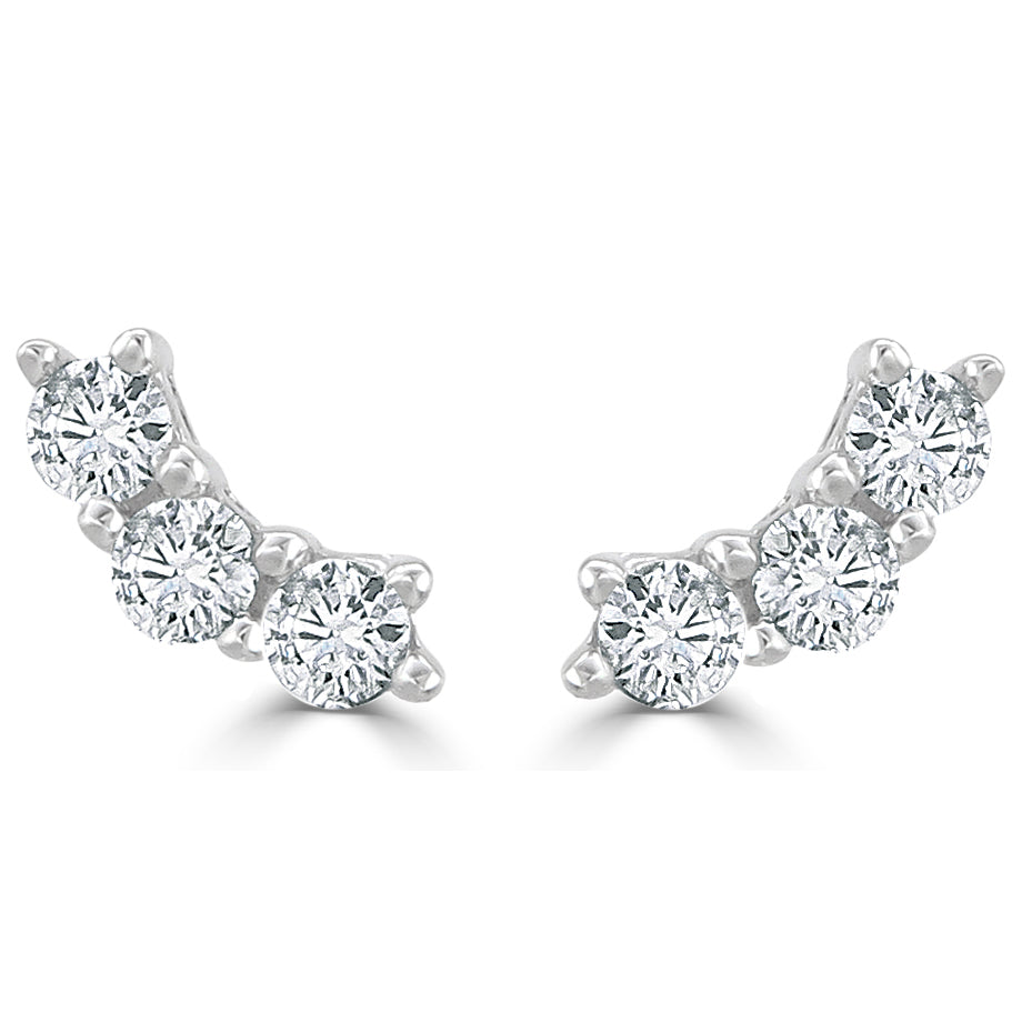 Penelope Tiny Three Diamond Curved Bar Stud Earrings