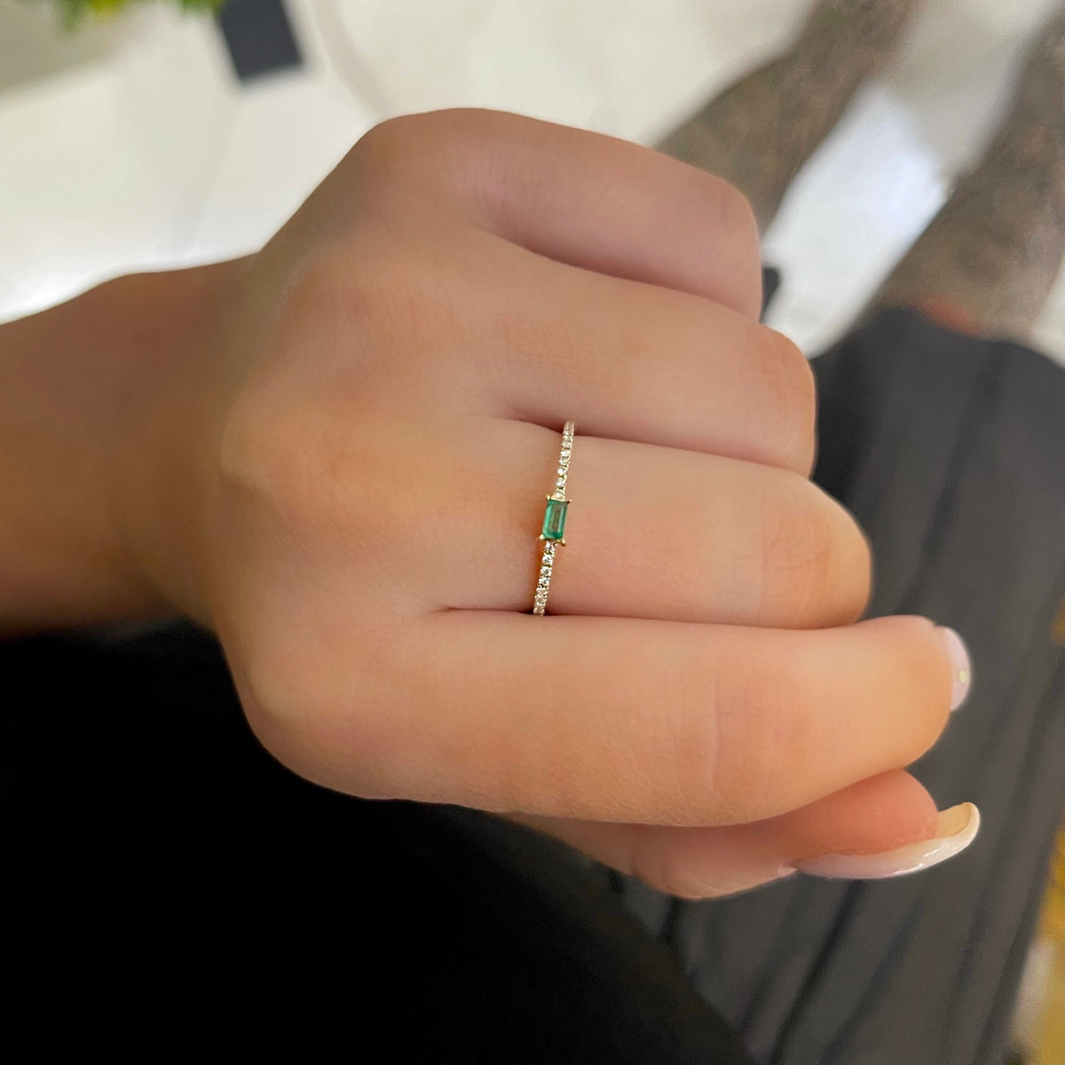 Emerald and Diamond Dainty Stacking Ring