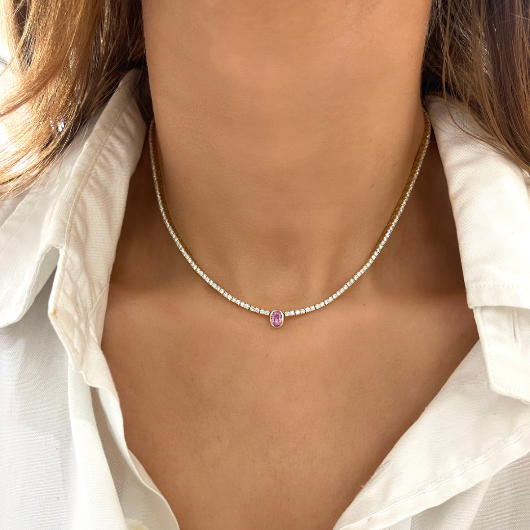 Davis Diamond Tennis Necklace with Removable Pink Sapphire Oval Lariat 4.90 ctw