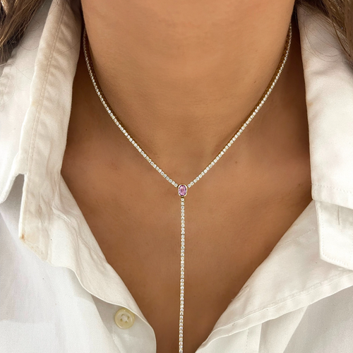 Davis Diamond Tennis Necklace with Removable Pink Sapphire Oval Lariat 4.90 ctw