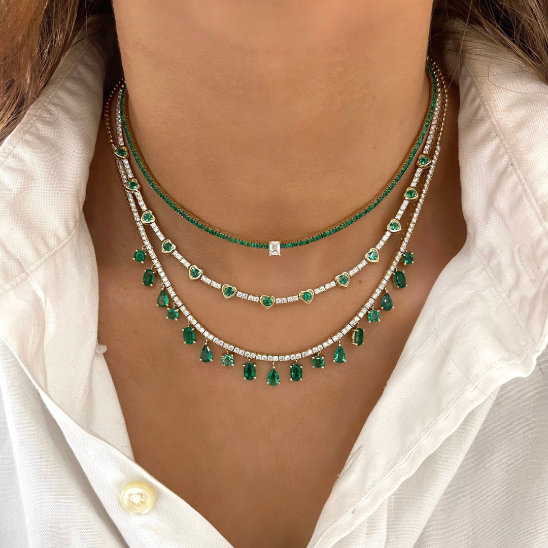 Idalia Green Emerald Emerald Cut Diamond Station Tennis Necklace