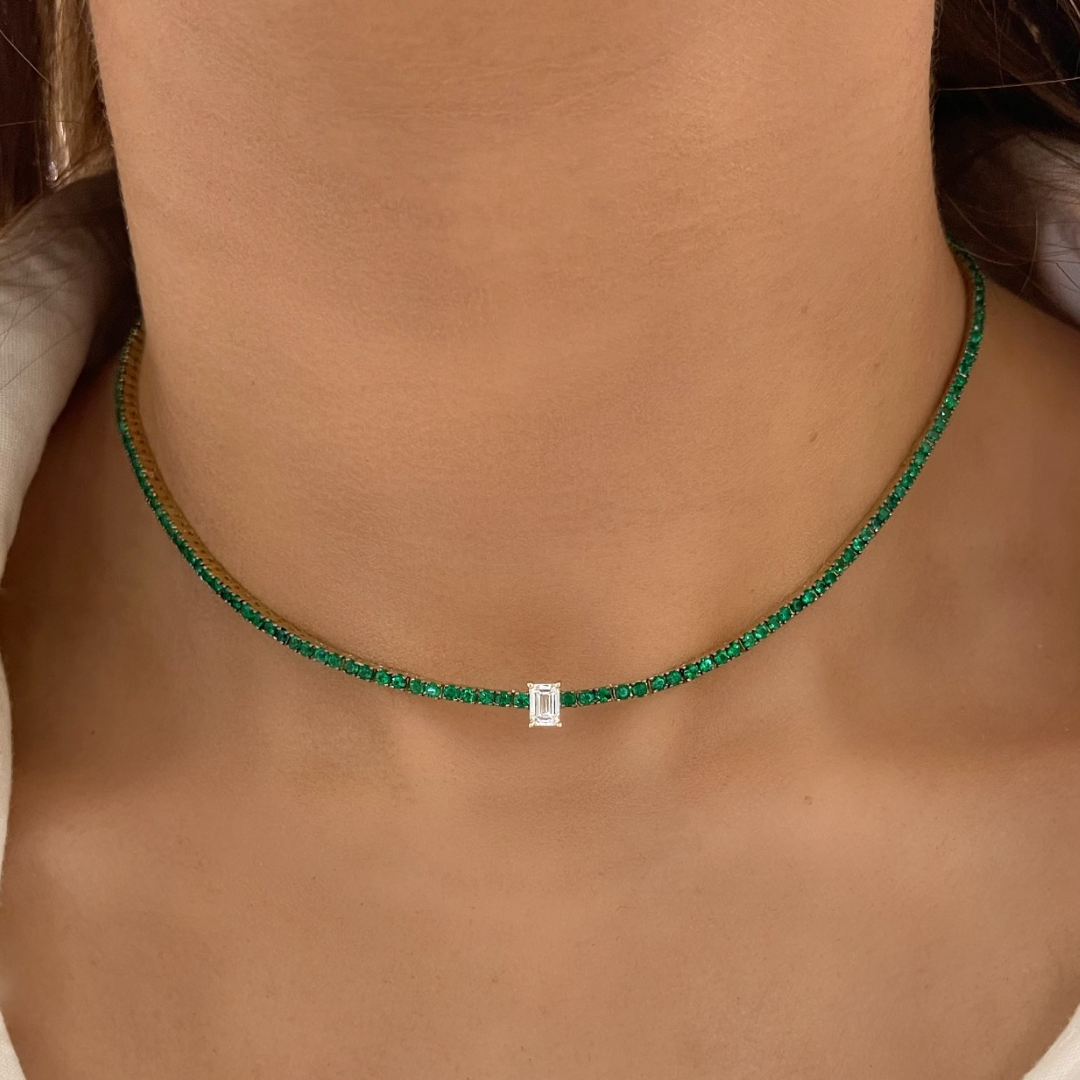 Idalia Green Emerald & Emerald Cut Diamond Station Tennis Necklace 3.22 ctw