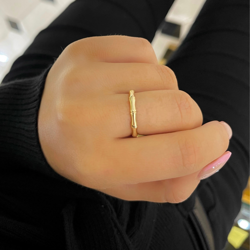 14k Yellow Gold Bamboo Stacking Ring on model