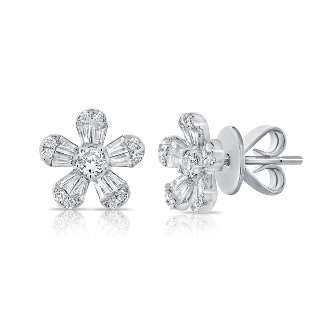 Baguette Diamond Flower Stud Earrings