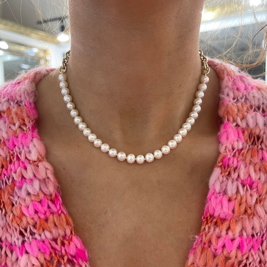 Betty Gold Link and Cultured Pearl Necklace