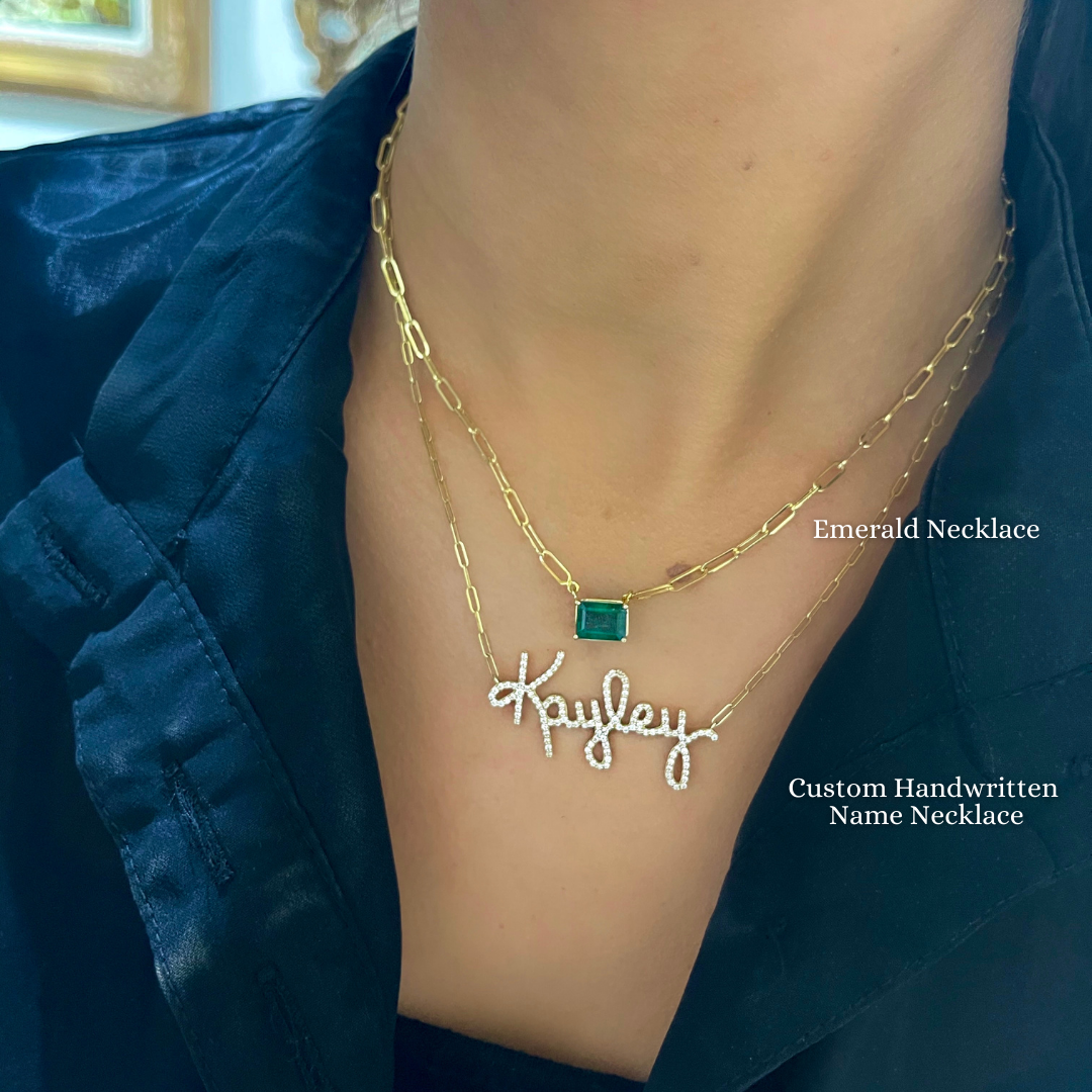 Emerald Link Necklace + C USTOM HANDWRITTEN NAME NECKLACE