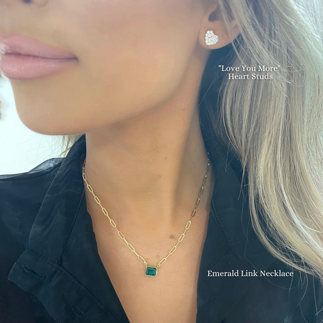"Love You More" Tiny Diamond Heart Stud Earrings + Emerald Link Necklace