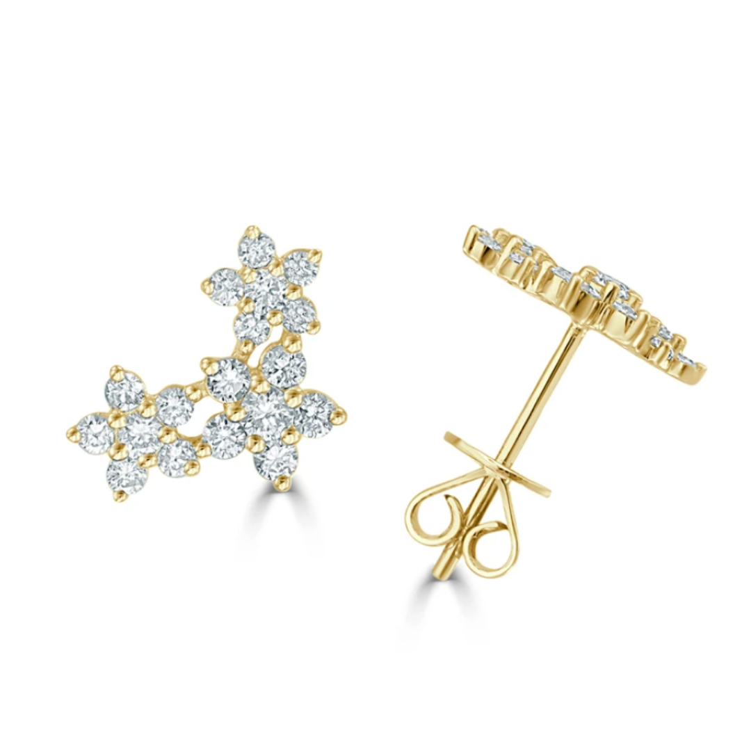 Daisy Diamond Flower Cluster Stud Earrings Yellow Gold