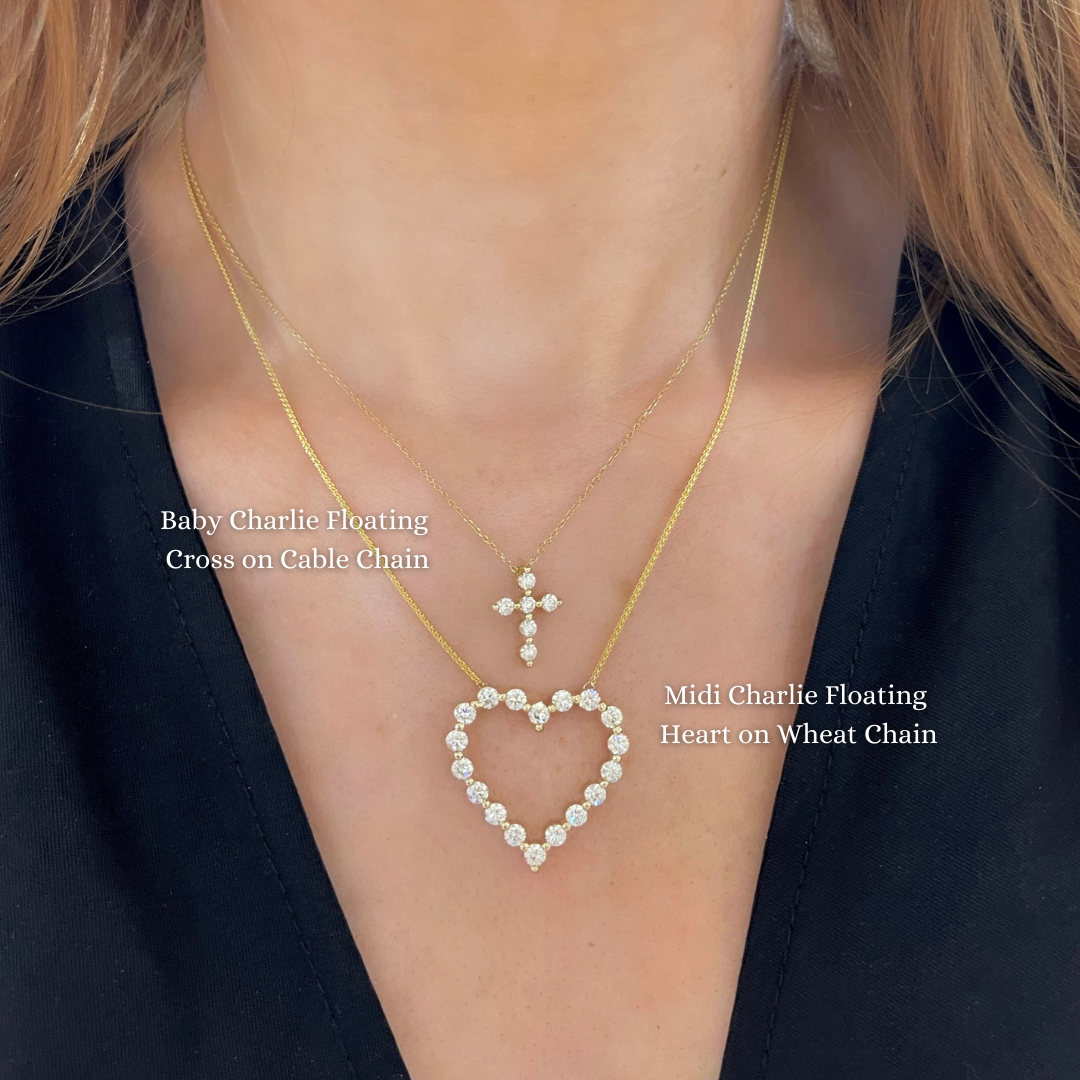 Baby Charlie Floating Diamond Cross Necklace .46 ctw + Midi Charlie Heart