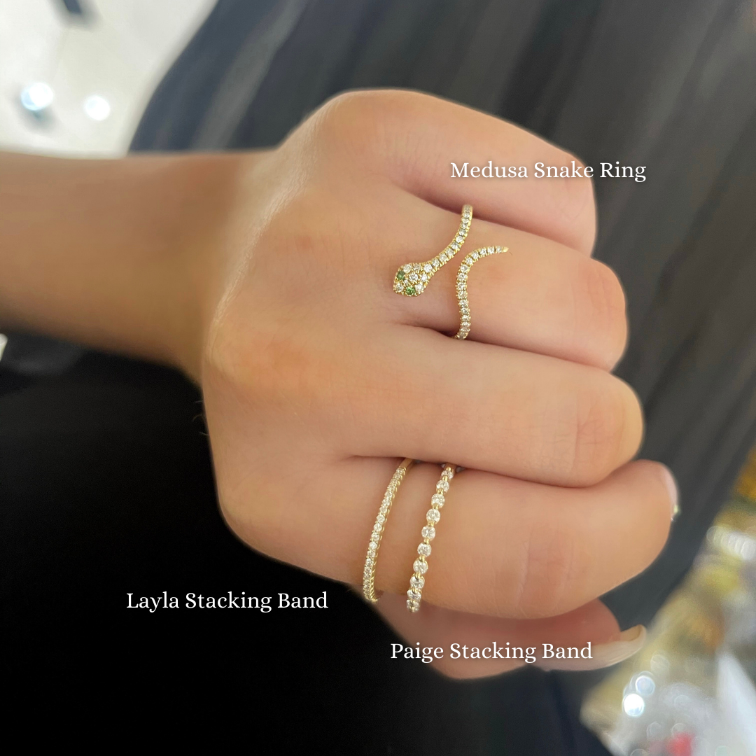 Medusa Diamond Snake Ring Paired with the Layla Diamond Stacking Band and the Paige Subtly Scalloped Band