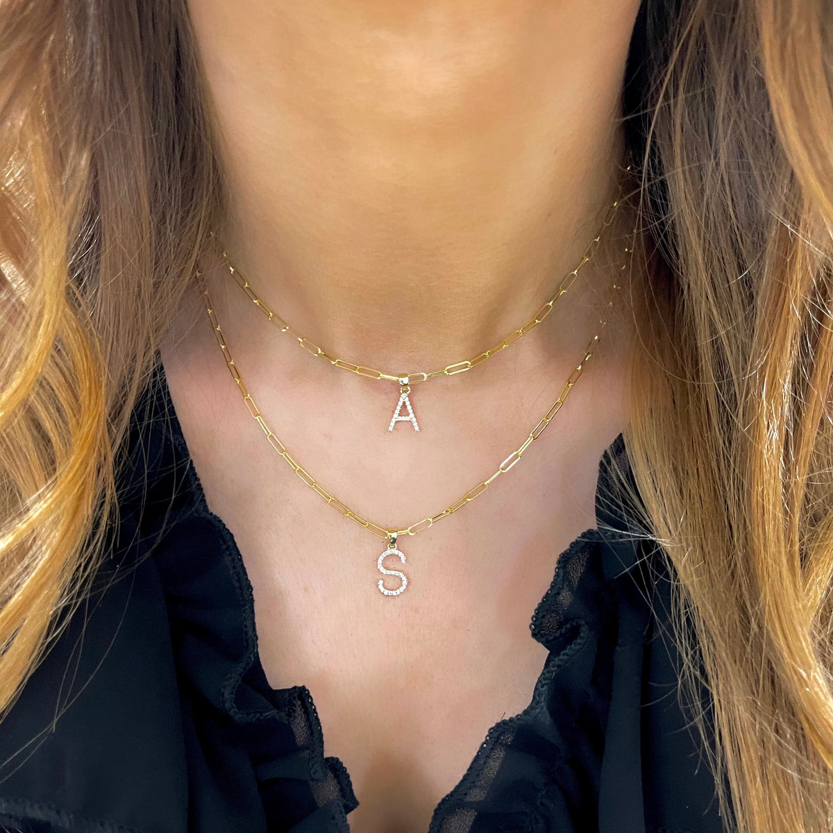 Tezza Paperclip Chain Necklace w/ Diamond Initial Charm