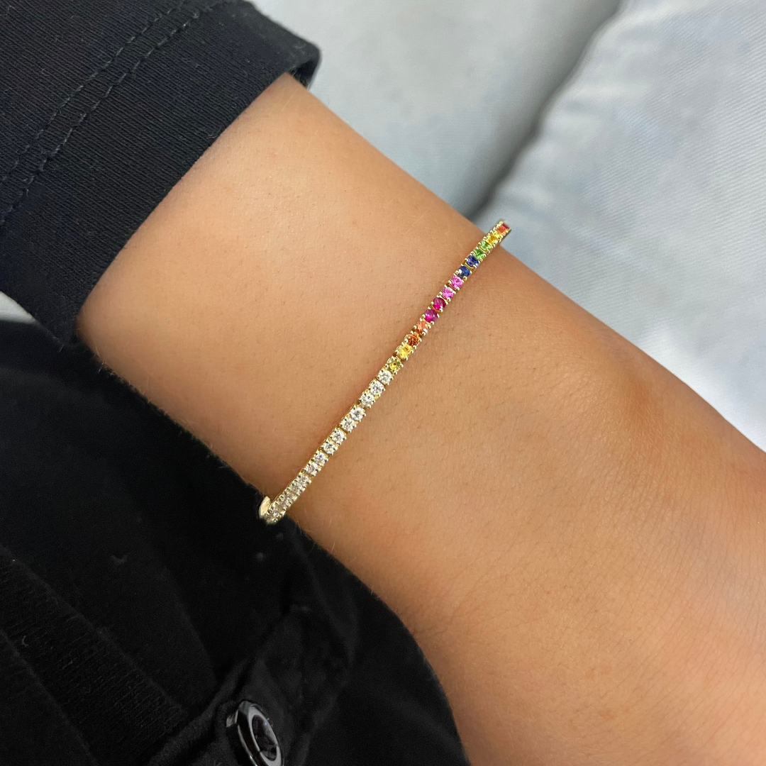 Half Half Rainbow Gemstone and Diamond Tennis Bracelet ctw
