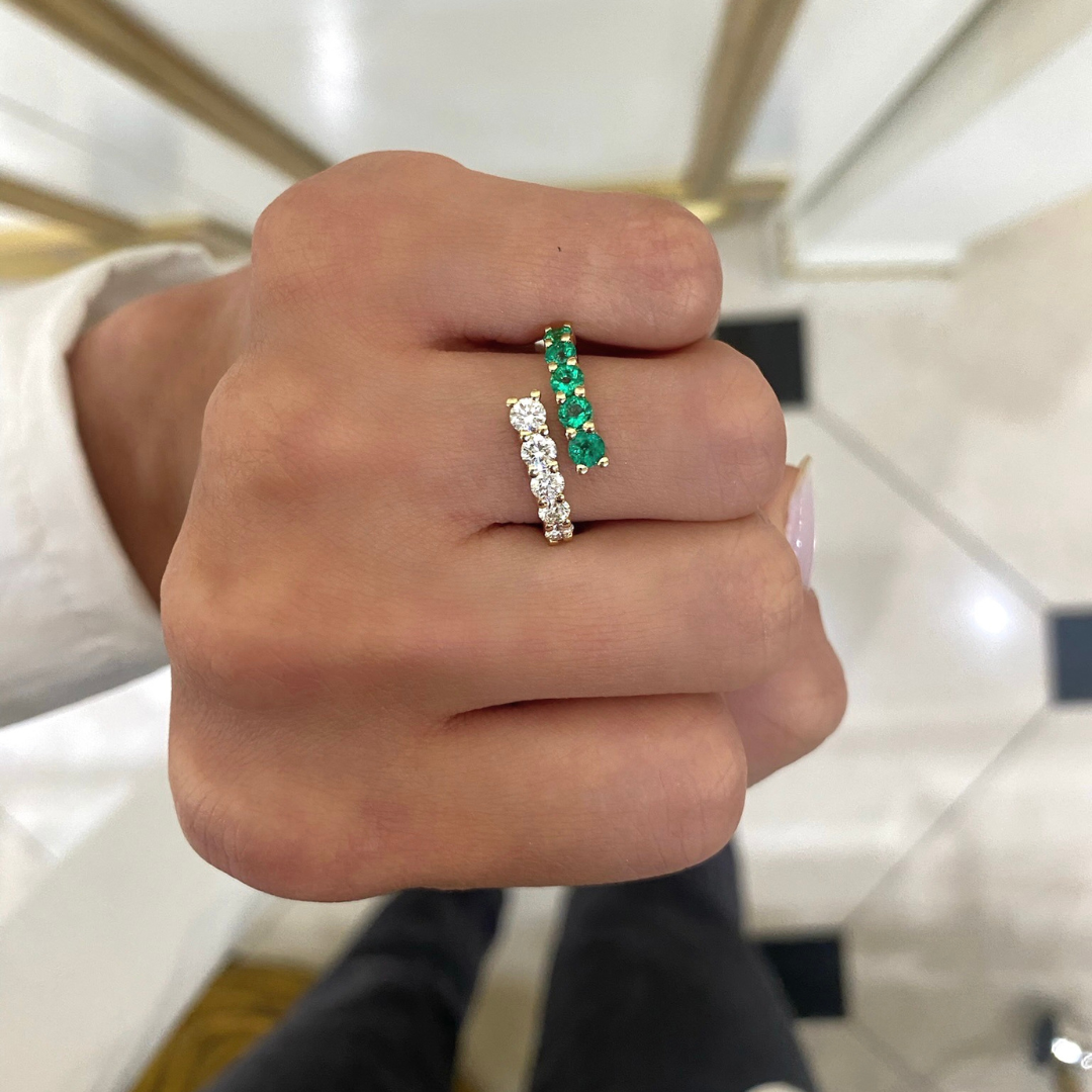 Misha Green Emerald & Diamond Crossover Ring