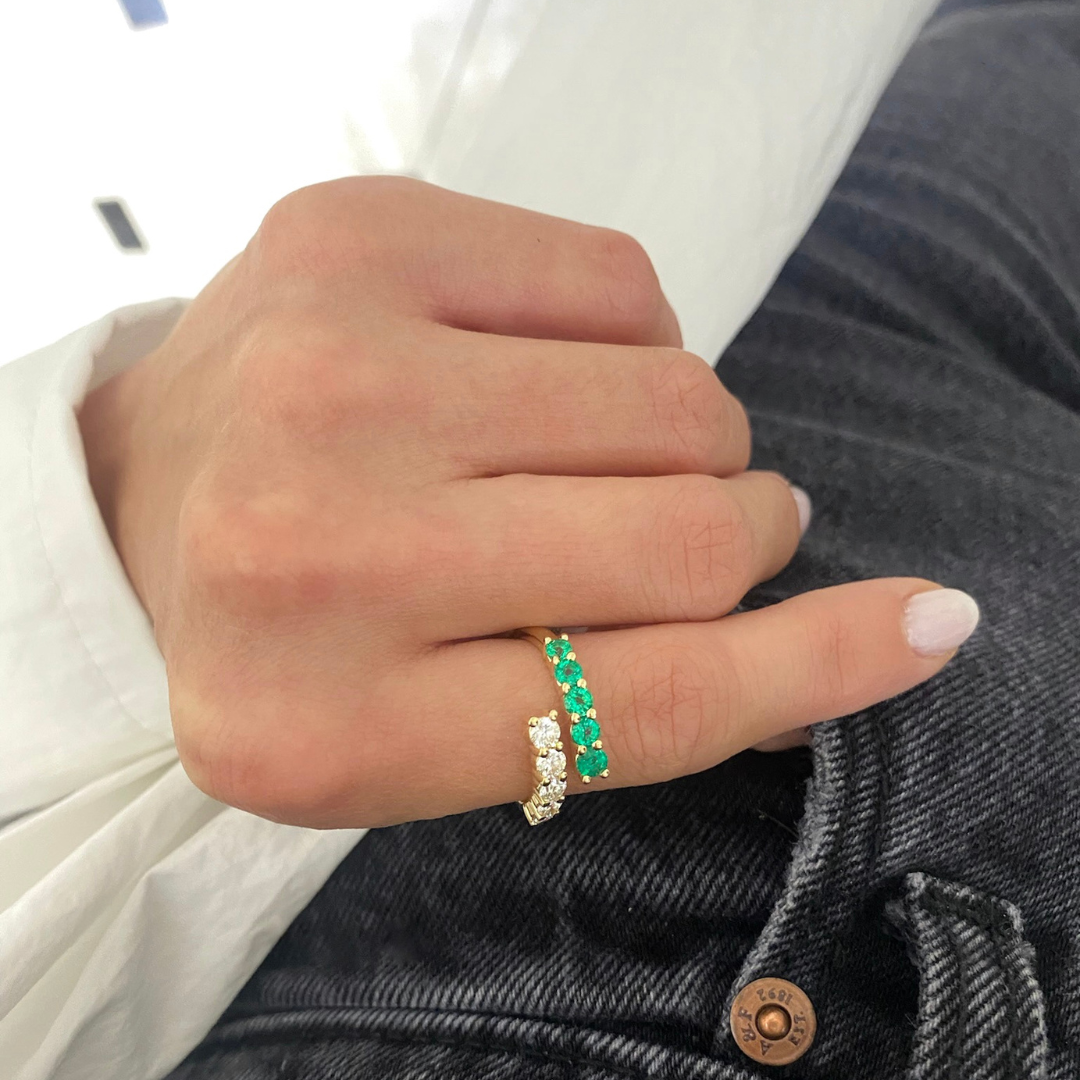 Misha Green Emerald & Diamond Crossover Ring
