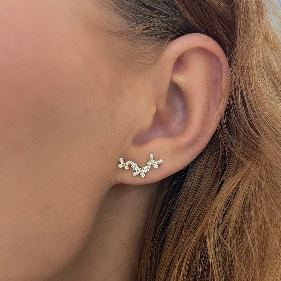 Butterfly Pave Diamond Ear Climber Stud Earrings