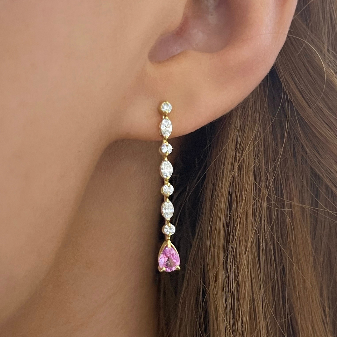 Delta Diamond & Pink Sapphire Pear Dangle Stud Earrings