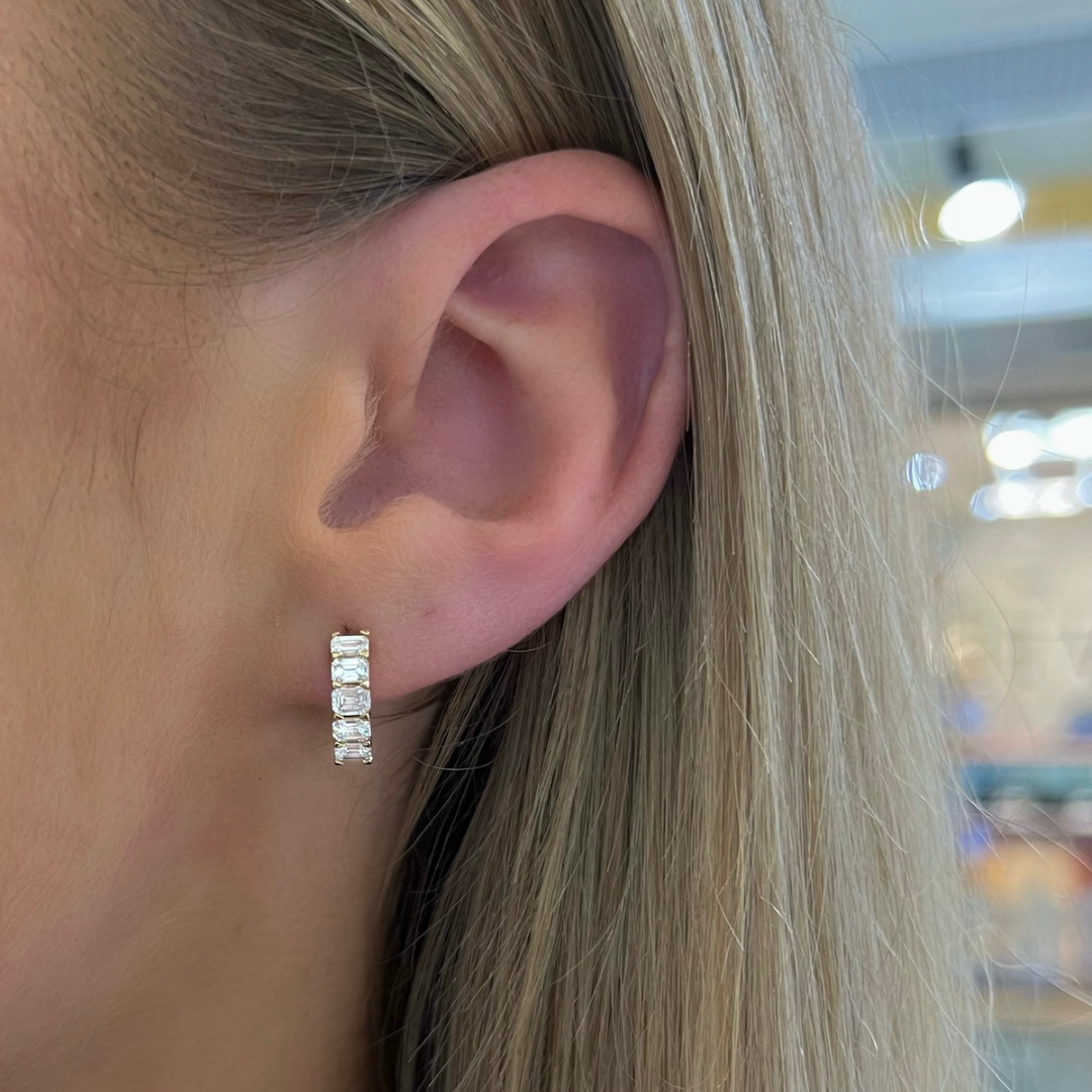 Diamond Stud Earrings, White Gold Bezel Set Emerald Cut