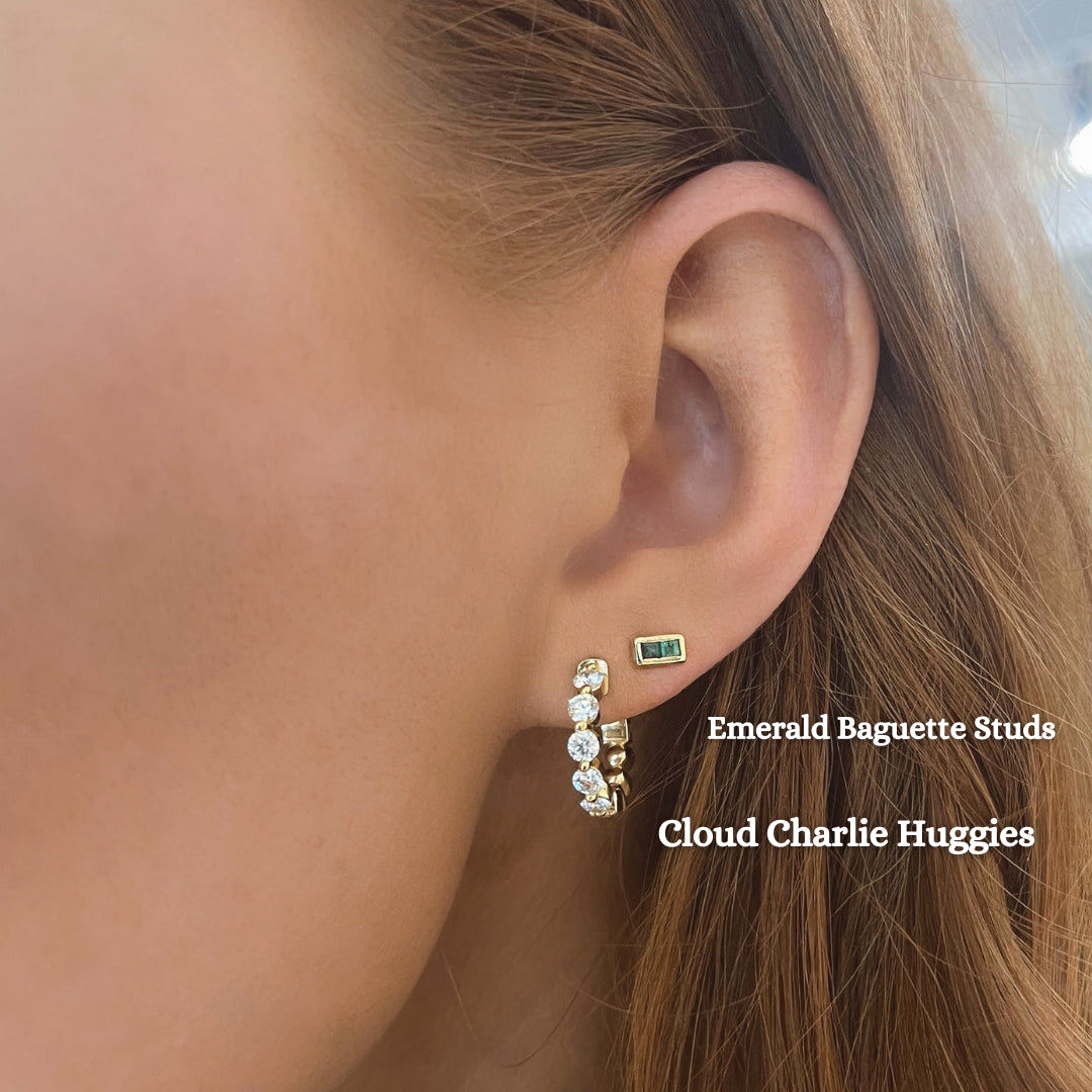 Emerald Baguette Bar Stud Earrings