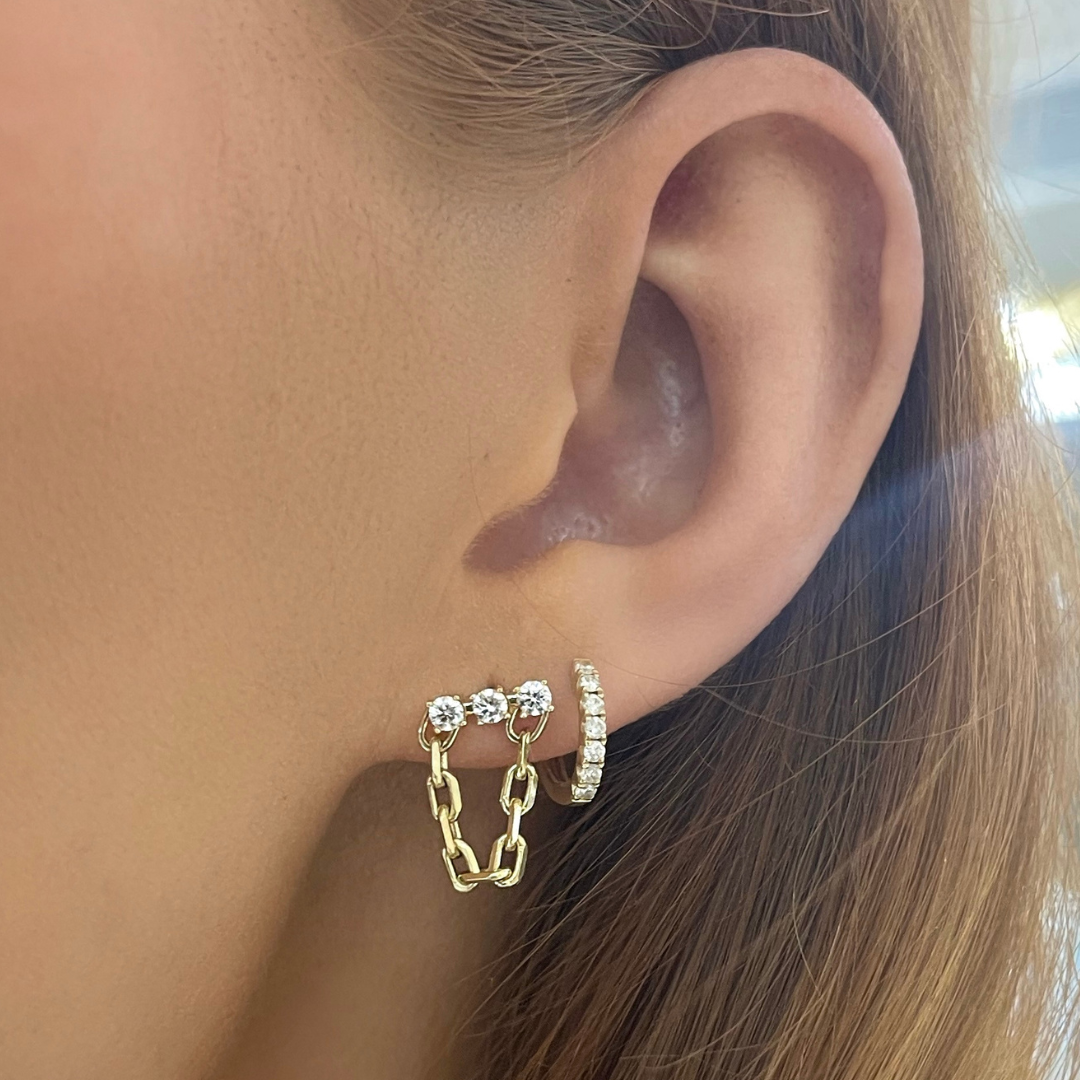 Triple Diamond Chain Stud Earrings