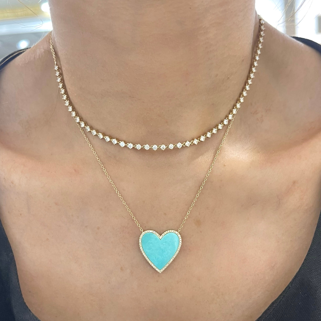 Turquoise Love Diamond Outline Heart Necklace