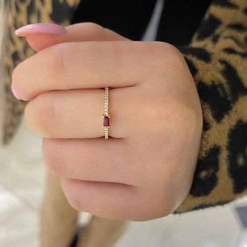 Ruby and Diamond Dainty Stacking Ring Yellow Gold