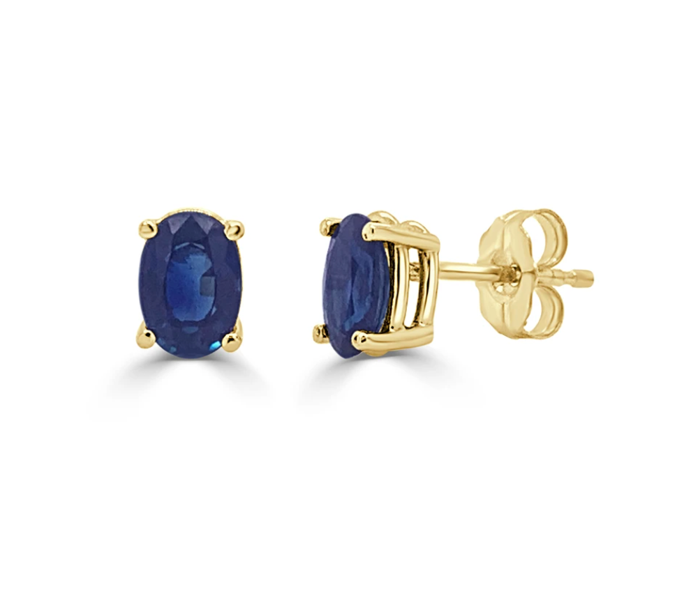 Blue Sapphire Oval Stud Earrings  on 14k Yellow Gold Studs