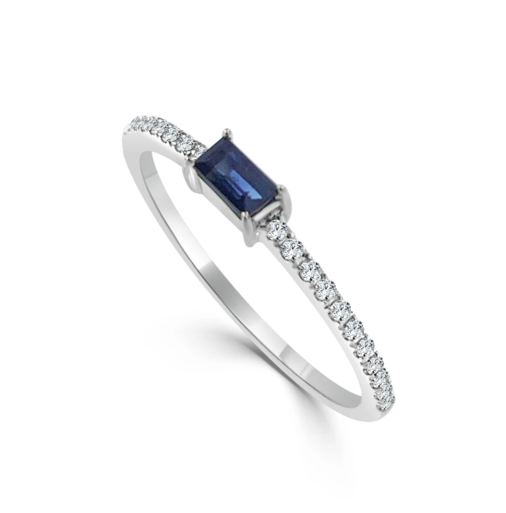 Blue Sapphire and Diamond Dainty Stacking Ring White Gold