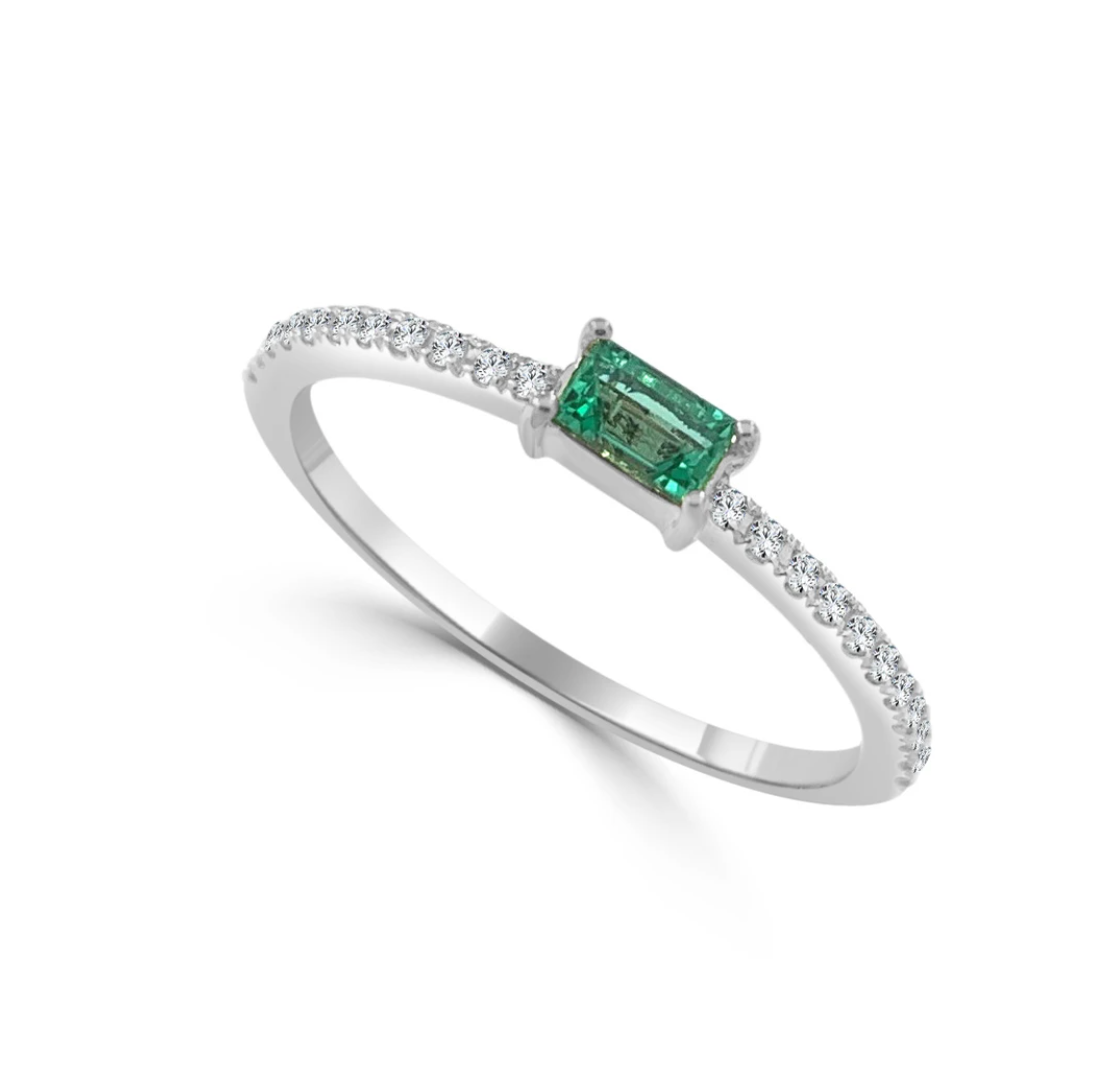 Emerald and Diamond Dainty Stacking Ring WG