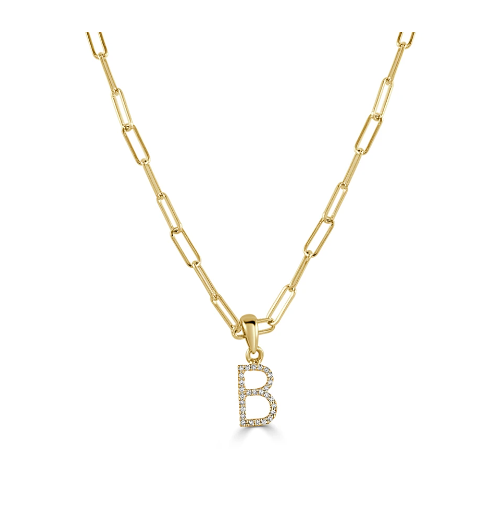 Tezza Paperclip Chain Necklace w/ Diamond Initial Charm