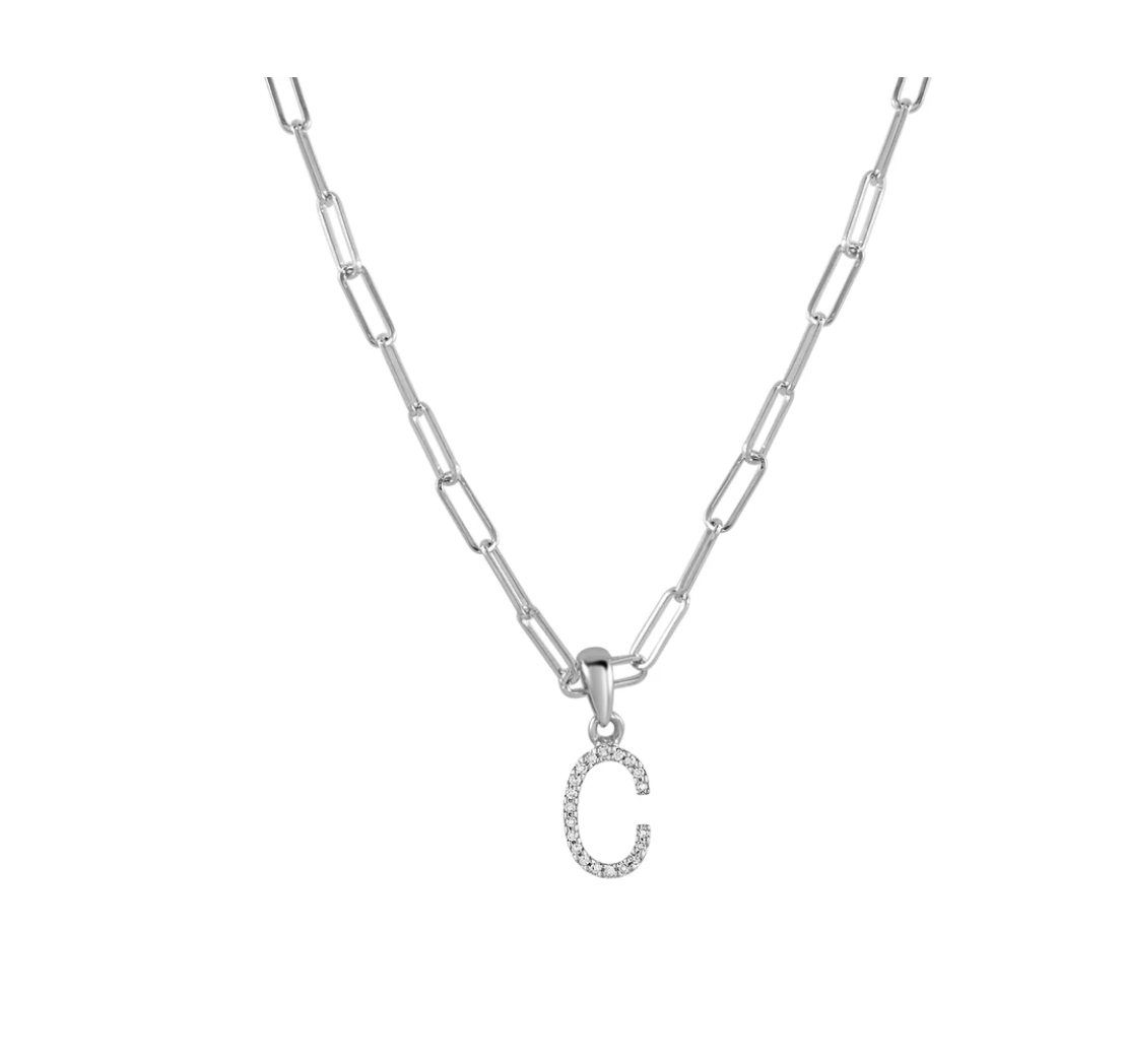 Tezza Paperclip Chain Necklace w/ Diamond Initial Charm