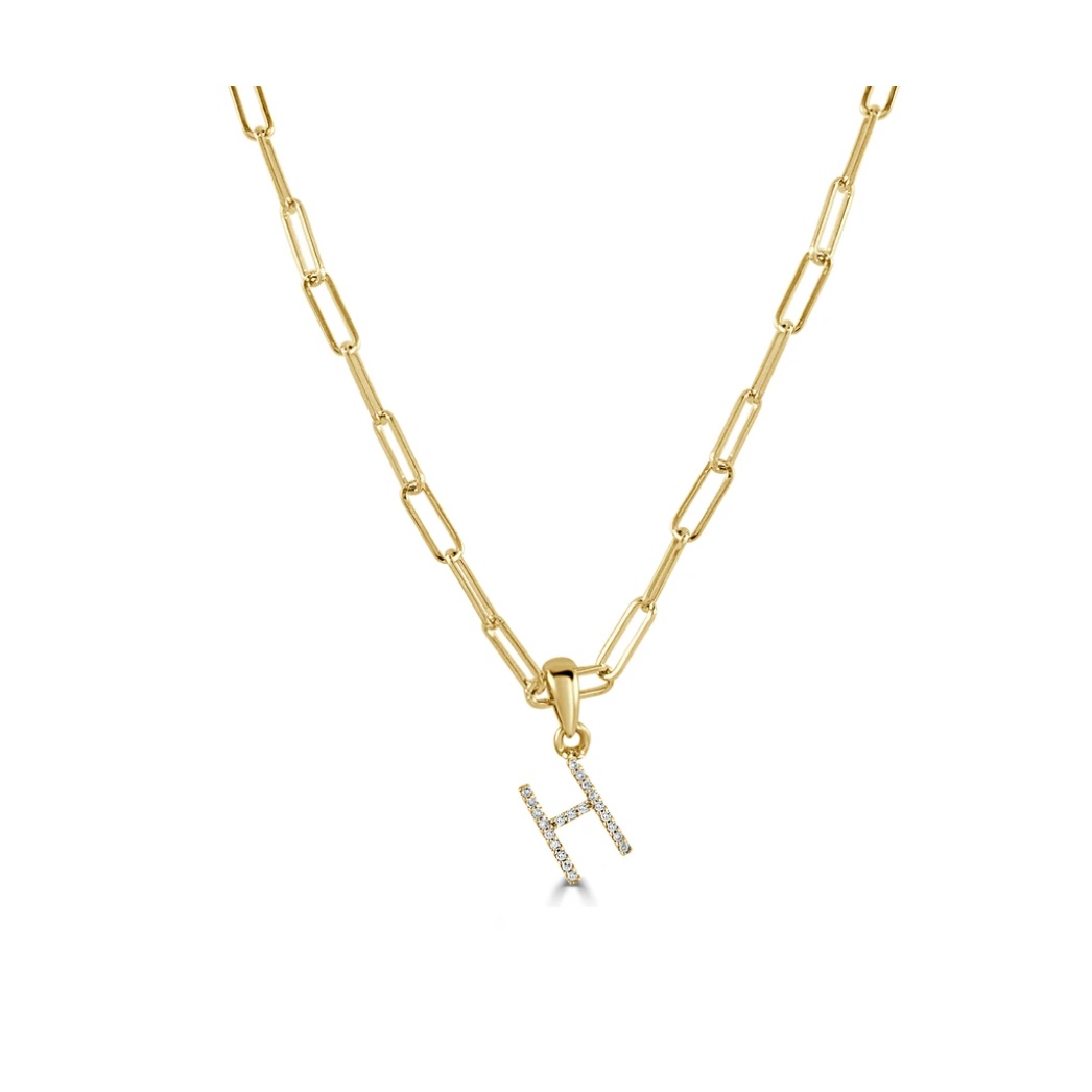 Tezza Paperclip Chain Necklace w/ Diamond Initial Charm