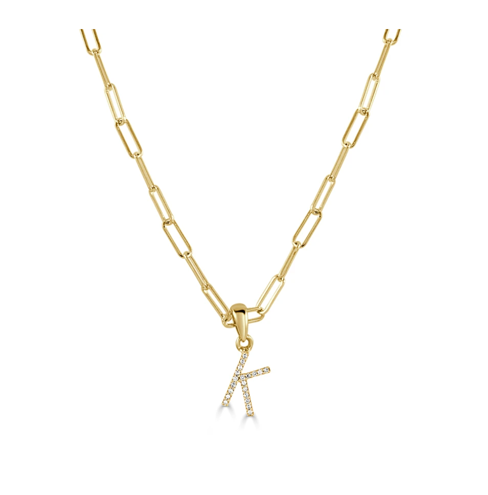 Tezza Paperclip Chain Necklace w/ Diamond Initial Charm