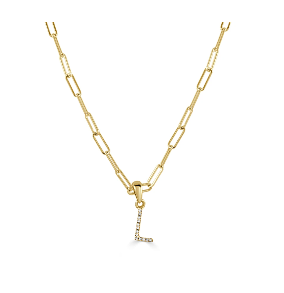 Tezza Paperclip Chain Necklace w/ Diamond Initial Charm