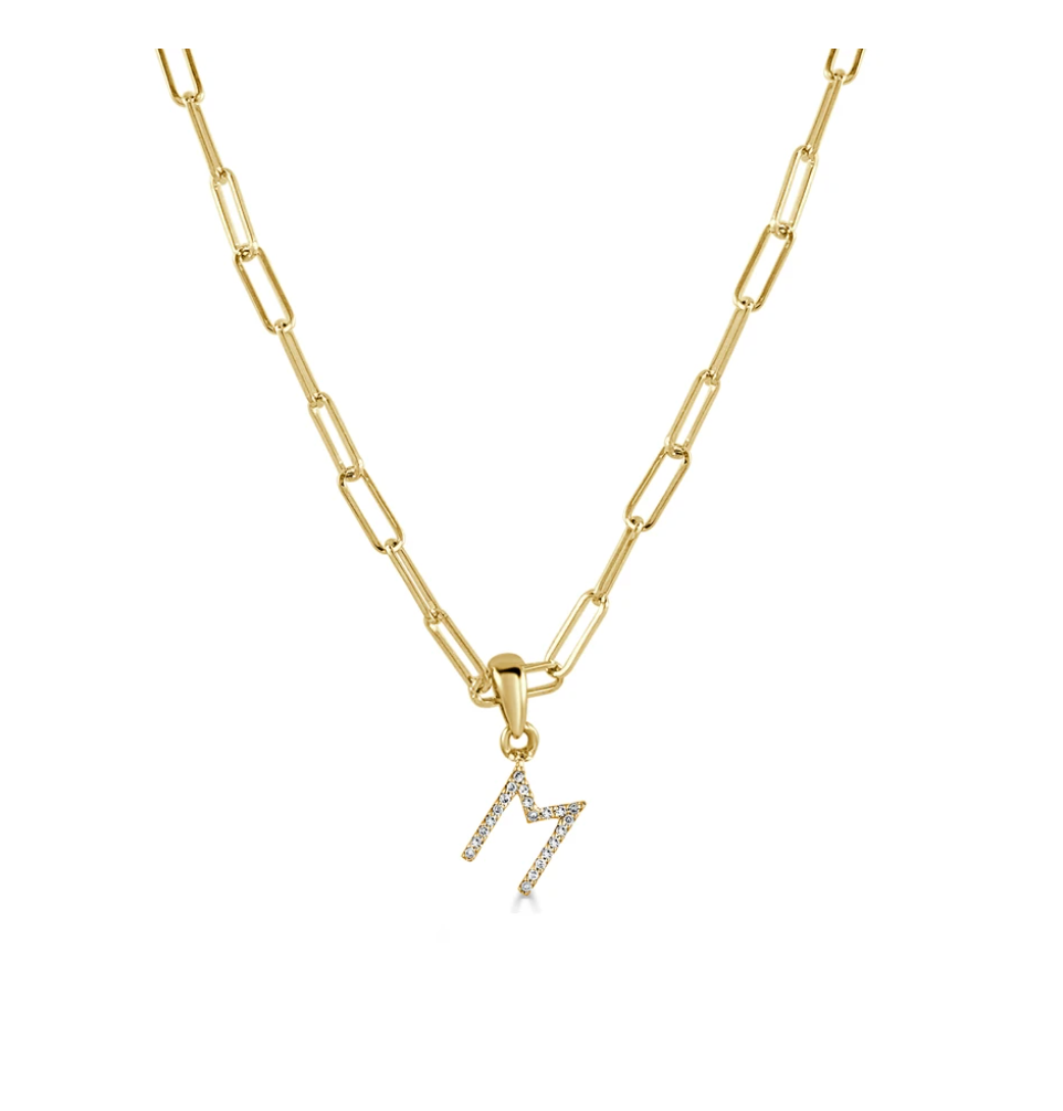 Tezza Paperclip Chain Necklace w/ Diamond Initial Charm