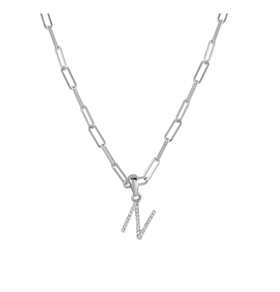 Tezza Paperclip Chain Necklace w/ Diamond Initial Charm