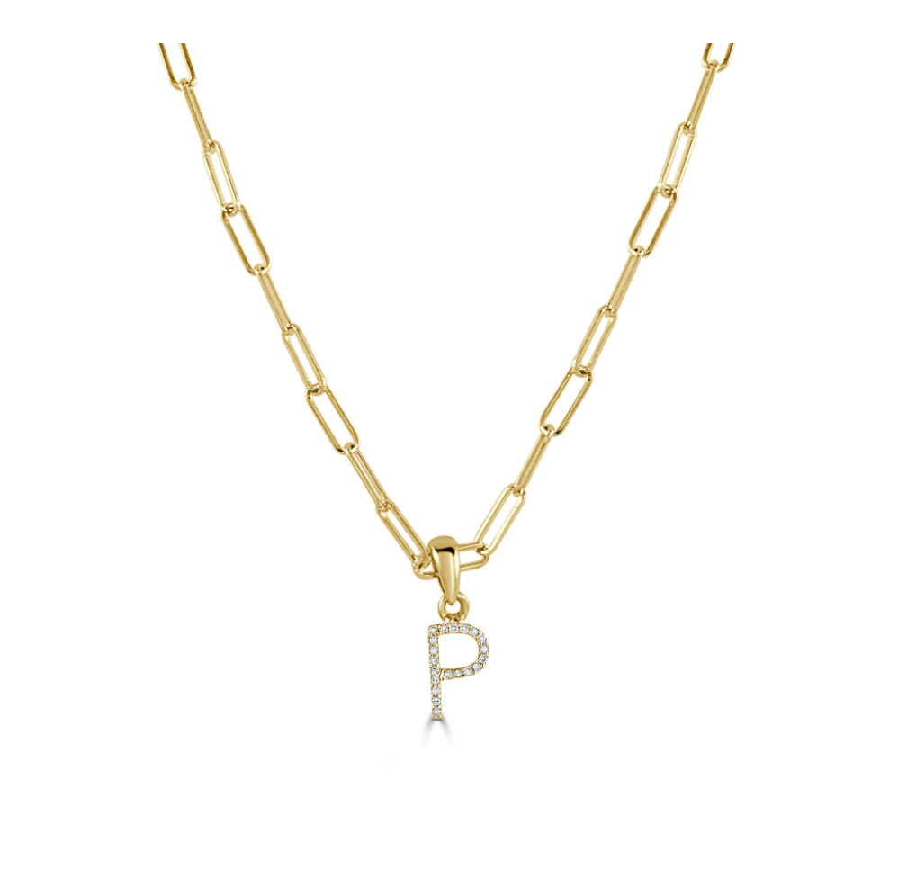 Tezza Paperclip Chain Necklace w/ Diamond Initial Charm