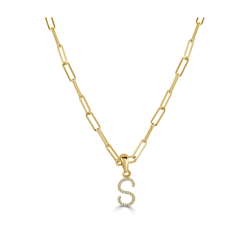 Tezza Paperclip Chain Necklace w/ Diamond Initial Charm