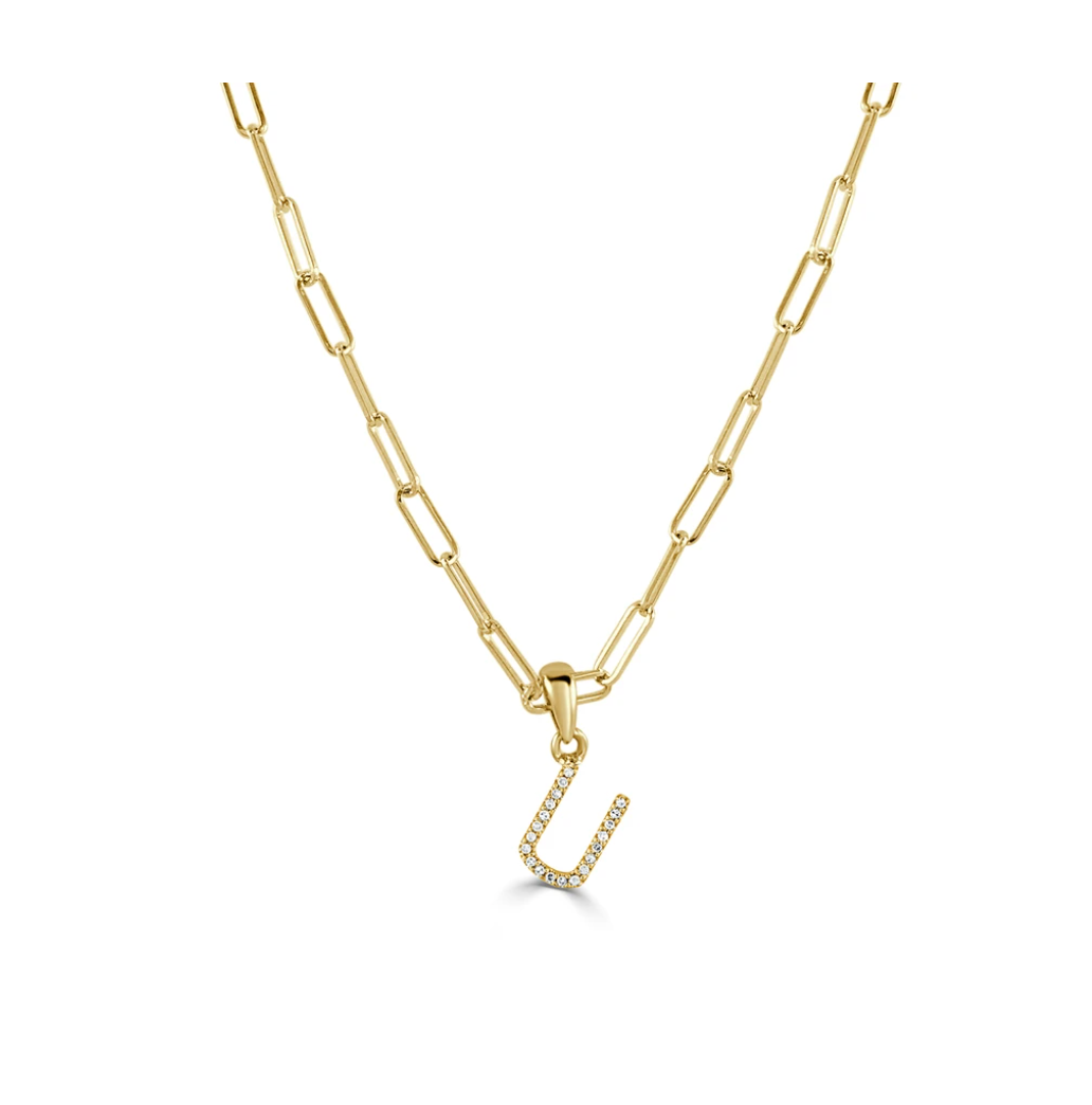 Tezza Paperclip Chain Necklace w/ Diamond Initial Charm