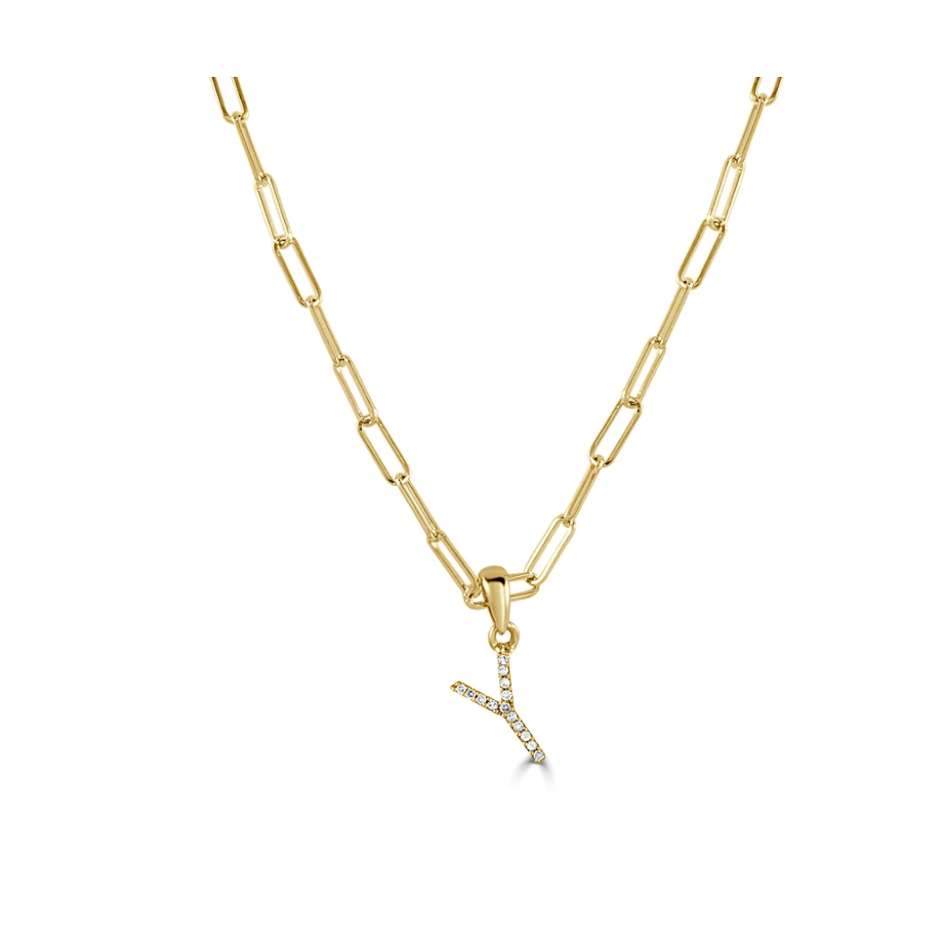 Tezza Paperclip Chain Necklace w/ Diamond Initial Charm