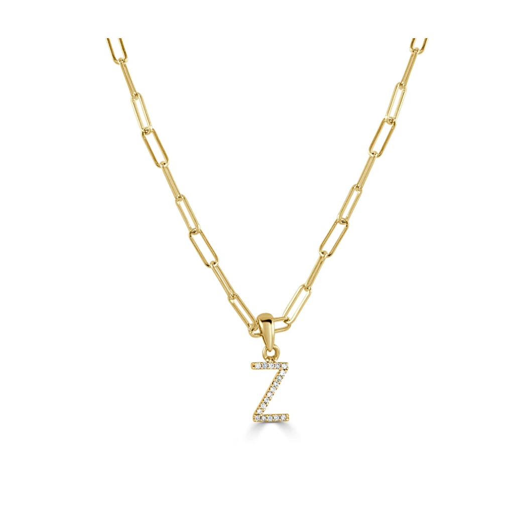 Tezza Paperclip Chain Necklace w/ Diamond Initial Charm