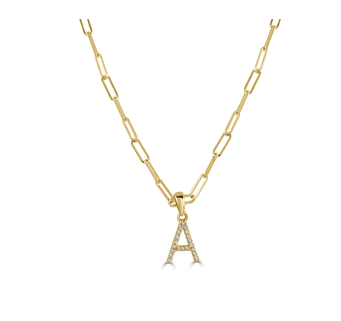 Tezza Paperclip Chain Necklace w/ Diamond Initial Charm