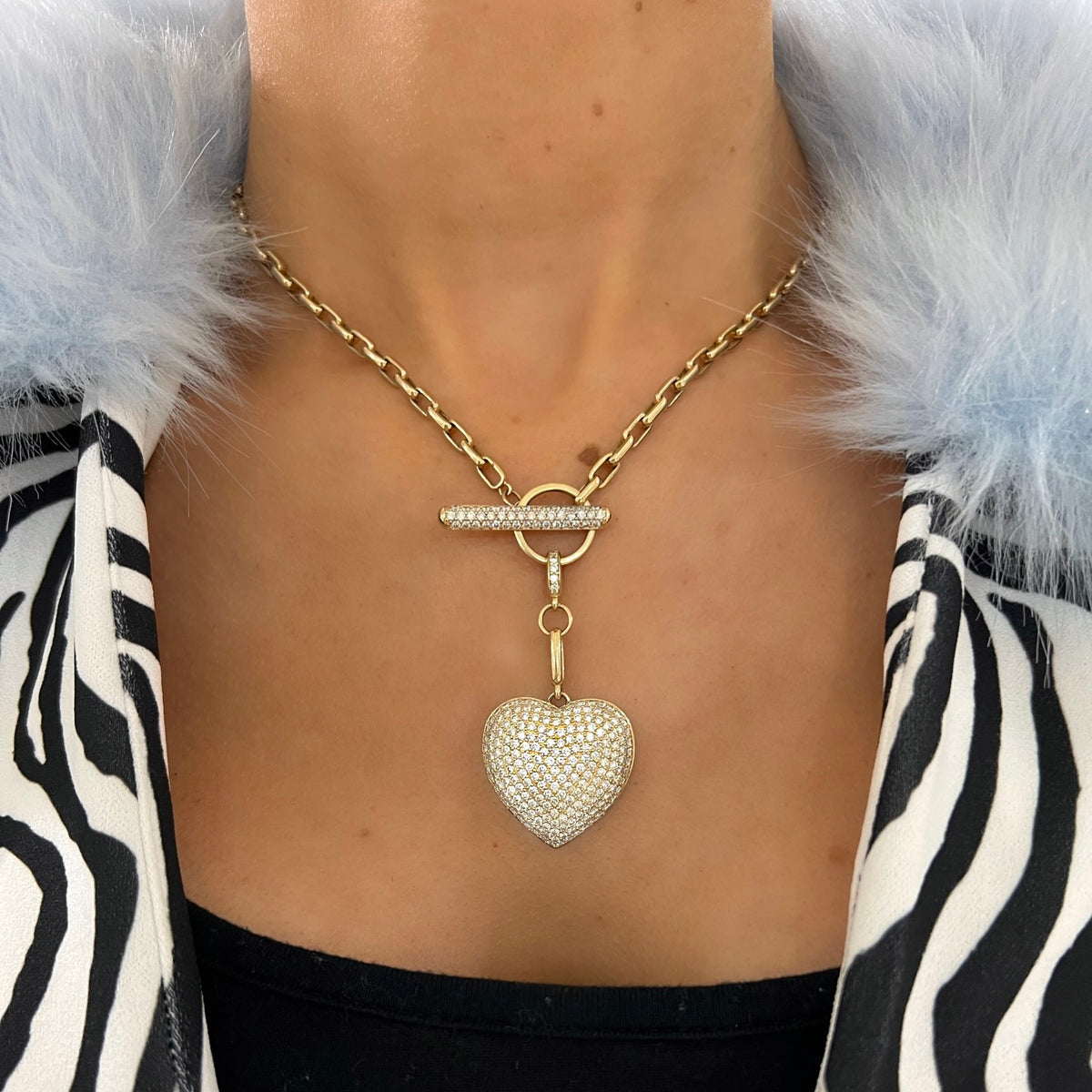 Hilton Diamond Toggle Necklace with removable Pave Heart charm and French Cable Chain